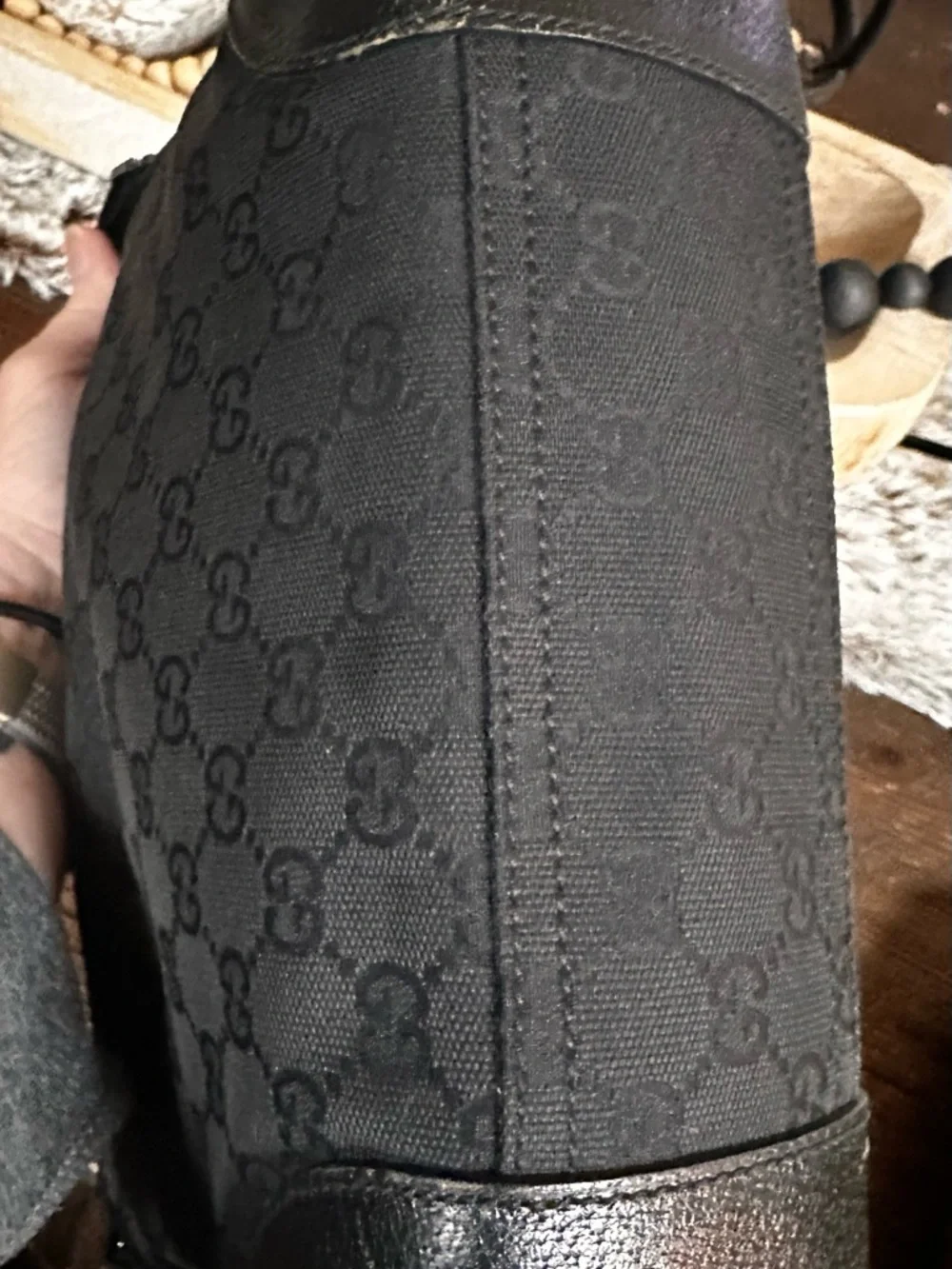 Gucci Black GG Canvas Messenger Bag with Leather Trim
